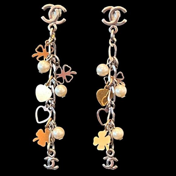 CHANEL 
Pearl CC Charm Chain Drop Earrings Silver Gold - Picture 3 of 7
